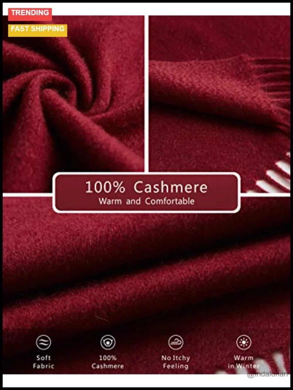 100% Cashmere Fringed Winter Scarf Wrap